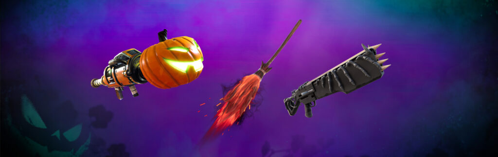 The Wood Stake Shotgun, Witch Broom, and Pumpkin Launcher from Fortnite.