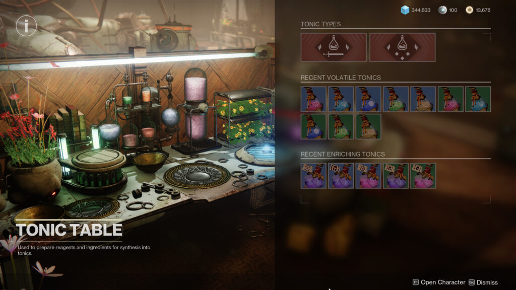 The Tonic Table menu in Destiny 2.