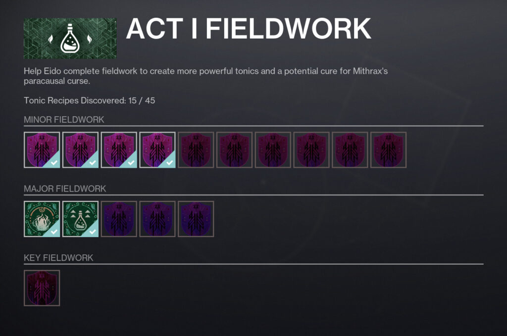 A screenshot of the Act 1 Fieldwork menu in Destiny 2.