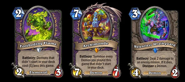 Foreboding Flame, Archimonde, and Relentless Wrathguard in Hearthstone 