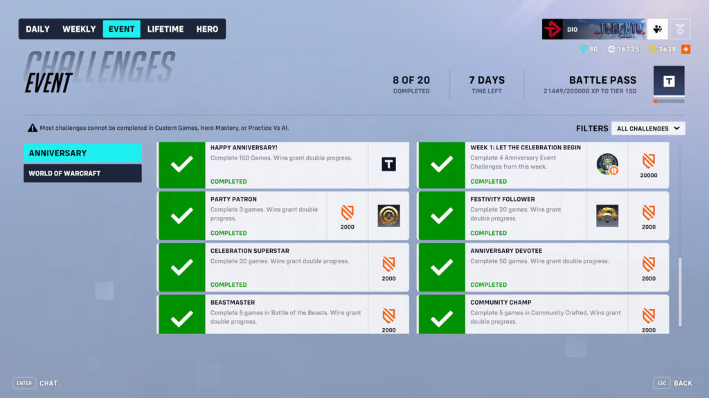 Overwatch 2 Anniversary 2024 event challenges and rewards screenshot