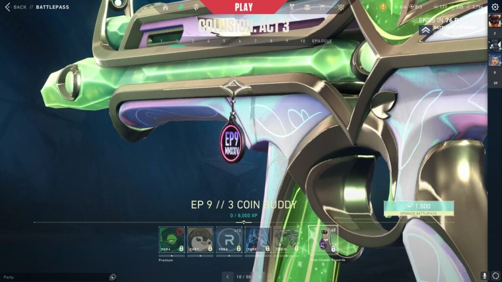 Ep 9 // 3 Coin Buddy (Free) in the VALORANT Episode 9 Act 3 Battle Pass.