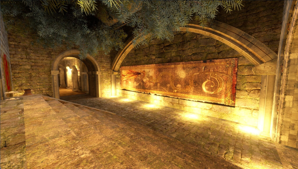 A hallway in the map Cobblestone in CS2.