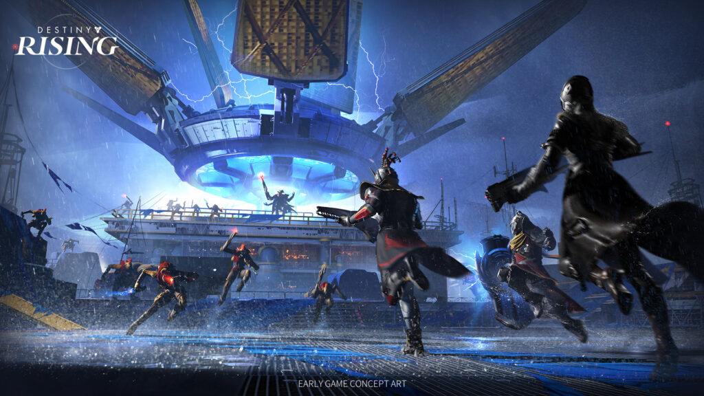 Lightbearers in Destiny: Rising battle outside a giant electrical facility.