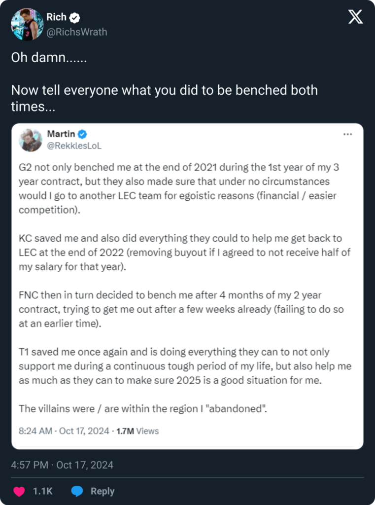 Screenshot of Rich's message