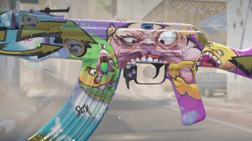 A screenshot of a weapon in CS2 with a weapon charm attached.