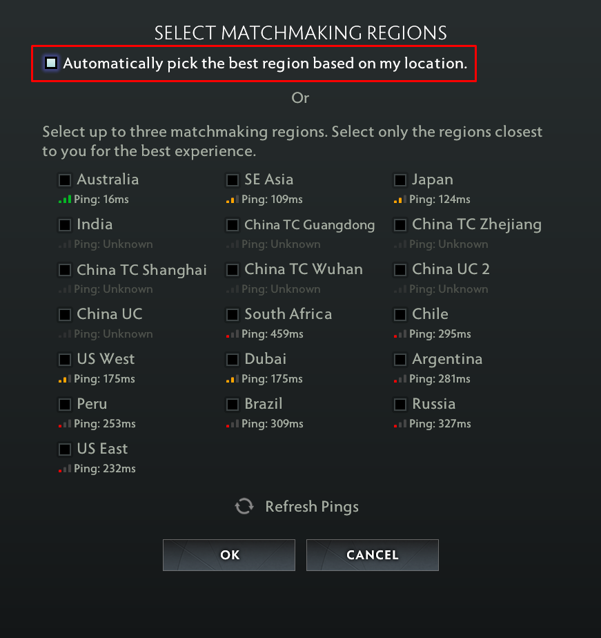 A screenshot of Dota's region select menu.