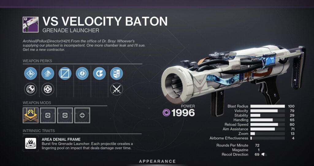 A screenshot of the VS Velocity Baton in Destiny 2.