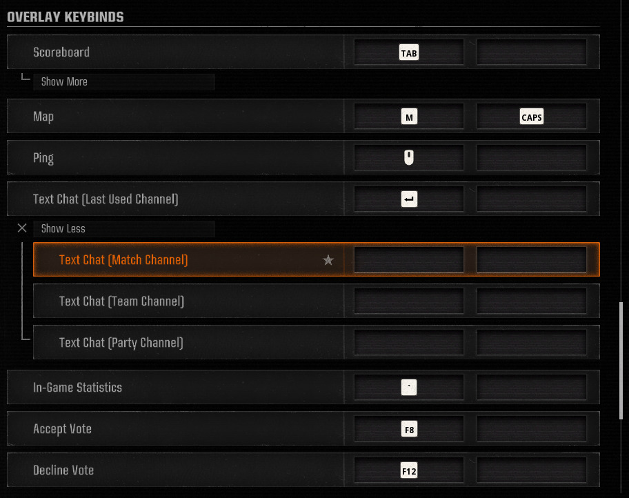 A Black Ops 6 settings menu with a display showing the text chat binds on PC.