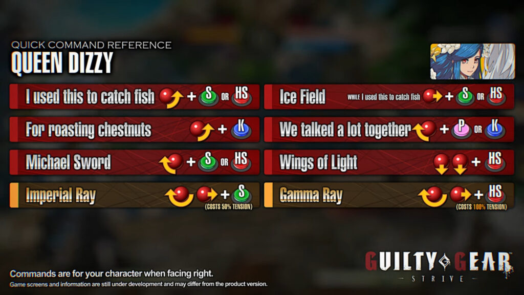 The list of commands an inputs for the fighting games character Queen Dizzy - Guilty Gear Strive
