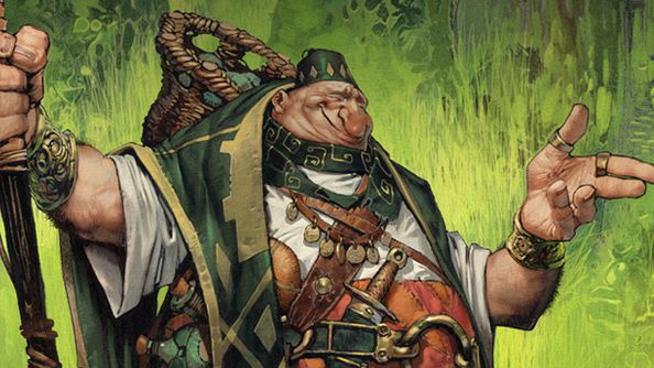 The Dota 2 shopkeeper holding a staff.