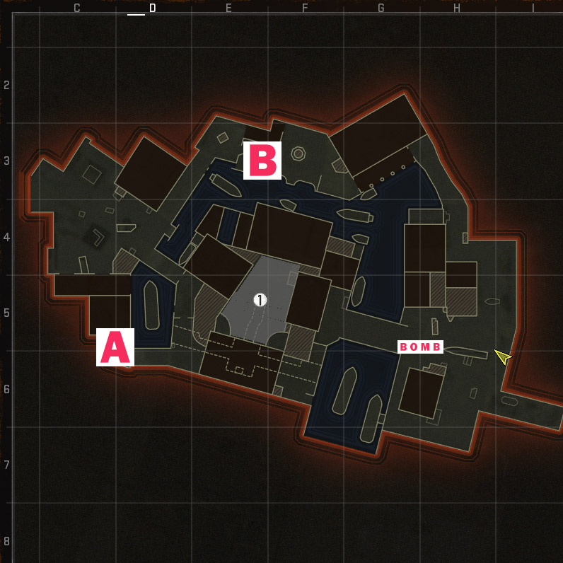 An image detailing the bombsites and bomb in Search and Destroy, a game mode in Call of Duty Black Ops 6.