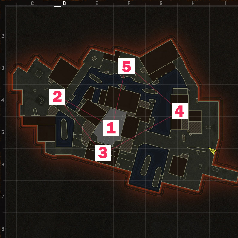 An image of the locations of each Hardpoint for a Call of Duty Black Ops 6 map.