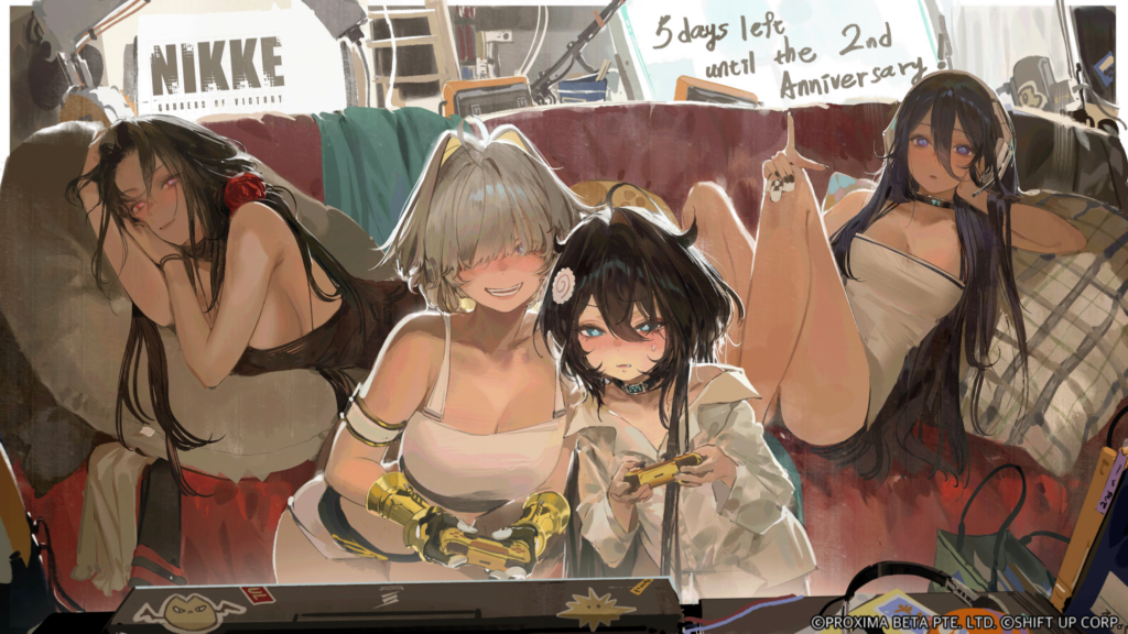 NIKKEs Elegg, Maiden, Exia and Bay relaxing on the couch