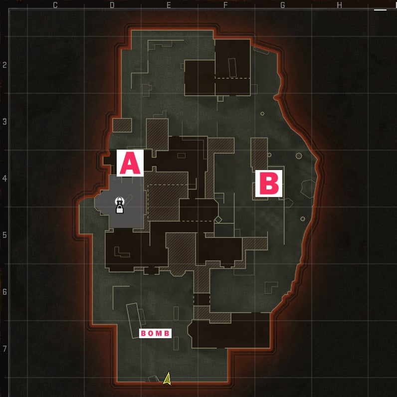 An image detailing the bombsites and bomb in Search and Destroy, a game mode in Call of Duty Black Ops 6.