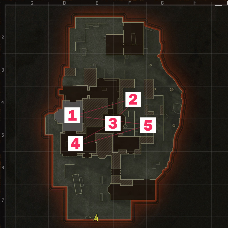 An image of the locations of each Hardpoint for a Call of Duty Black Ops 6 map.