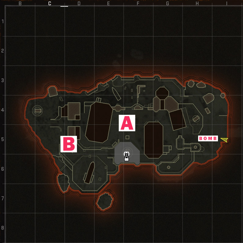 An image detailing the bombsites and bomb in Search and Destroy, a game mode in Call of Duty Black Ops 6.