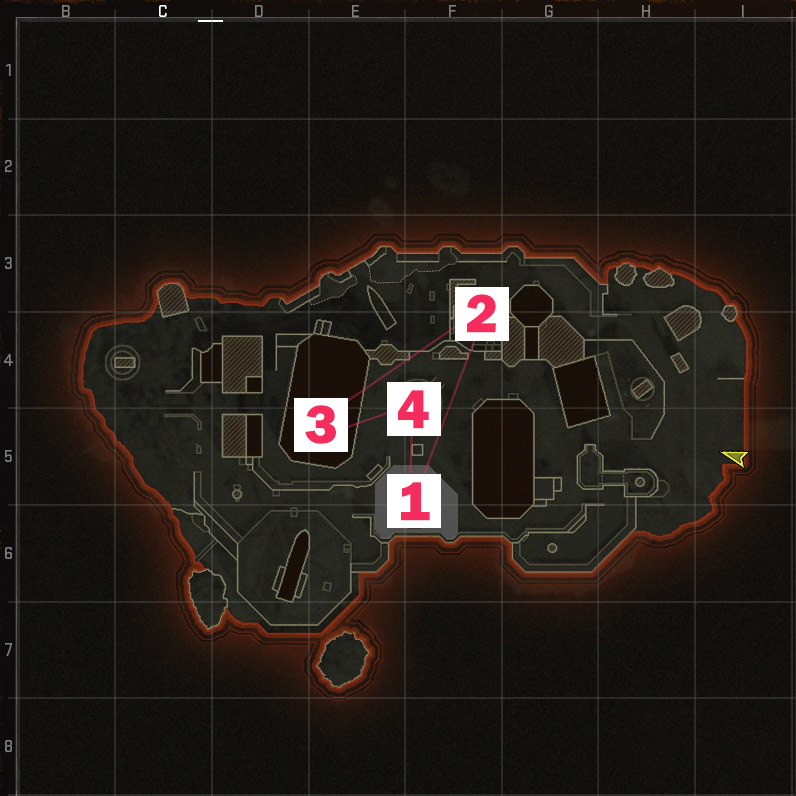 An image of the locations of each Hardpoint for a Call of Duty Black Ops 6 map.