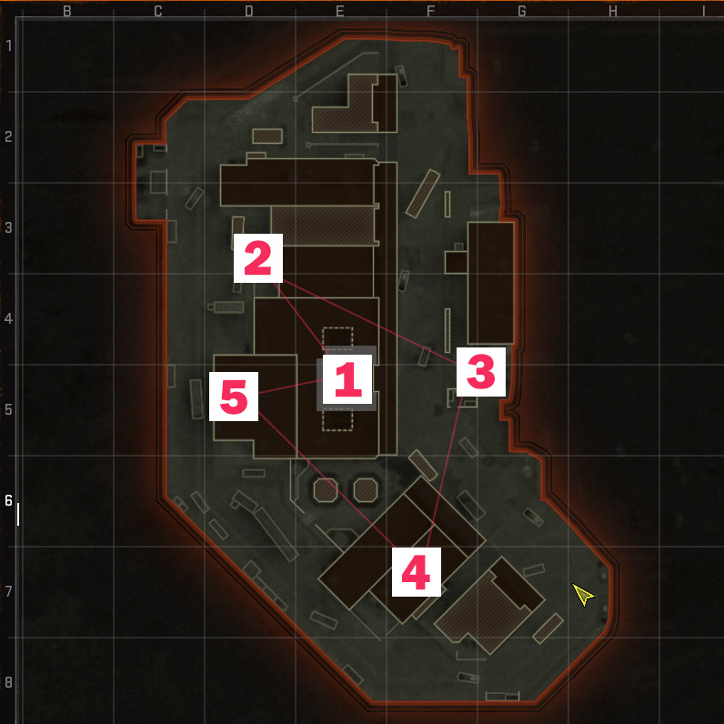 An image of the locations of each Hardpoint for a Call of Duty Black Ops 6 map.