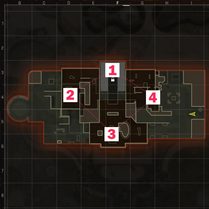 An image of the locations of each Hardpoint for a Call of Duty Black Ops 6 map.