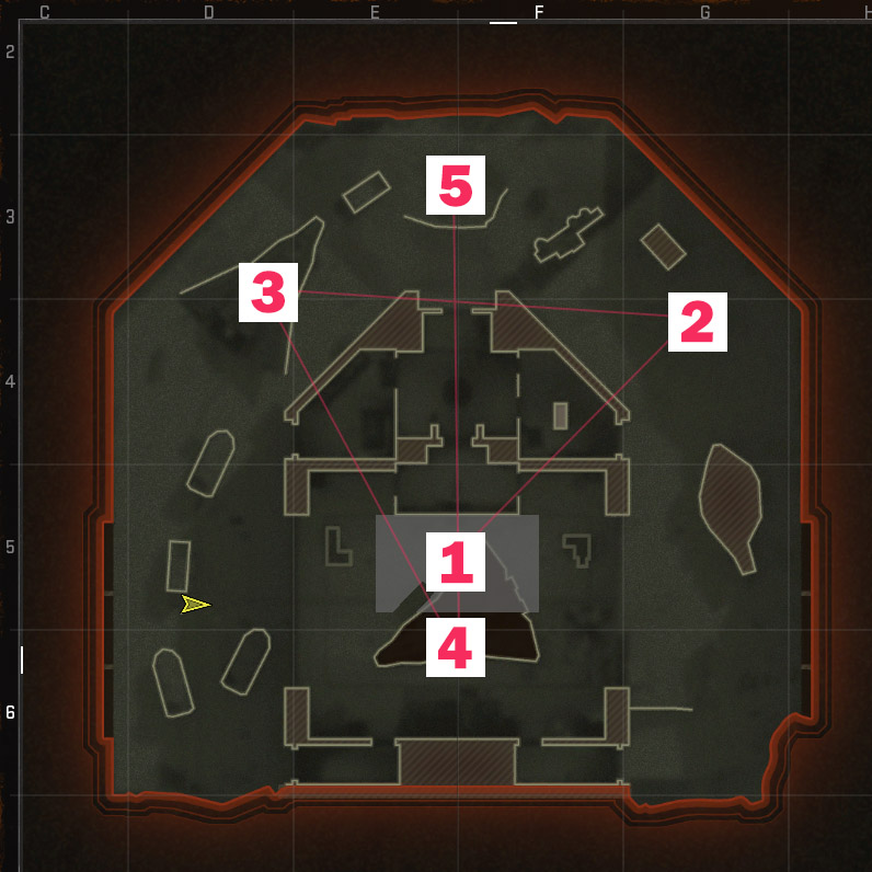 An image of the locations of each Hardpoint for a Call of Duty Black Ops 6 map.