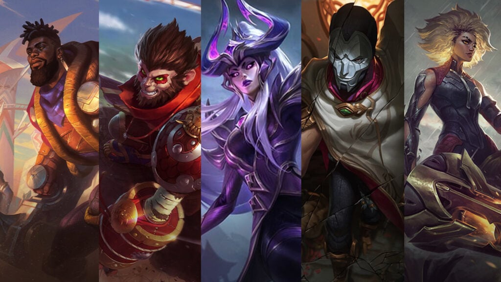 K'Sante, Wukong, Syndra, Jhin, and Rell splash arts from League of Legends all stand alongside each other.
