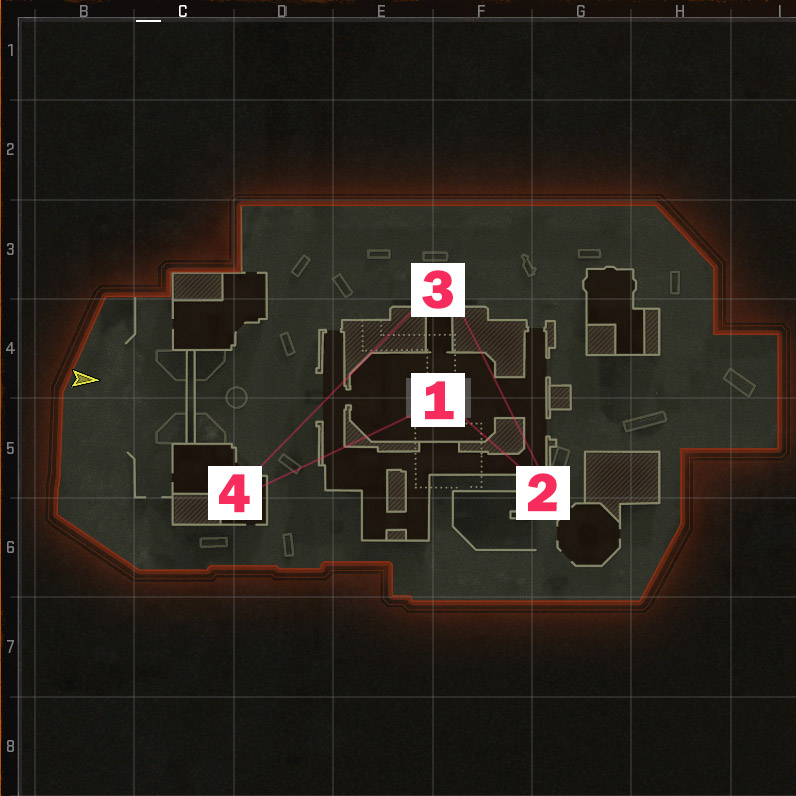 An image of the locations of each Hardpoint for a Call of Duty Black Ops 6 map.