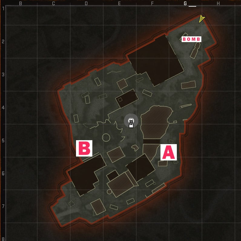 An image detailing the bombsites and bomb in Search and Destroy, a game mode in Call of Duty Black Ops 6.