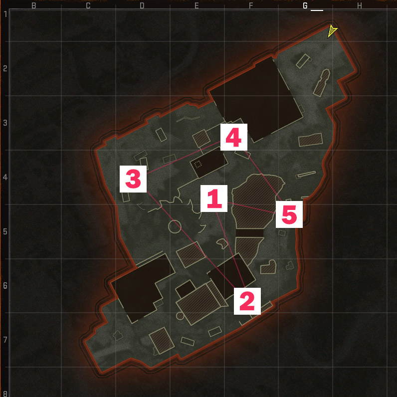 An image of the locations of each Hardpoint for a Call of Duty Black Ops 6 map.