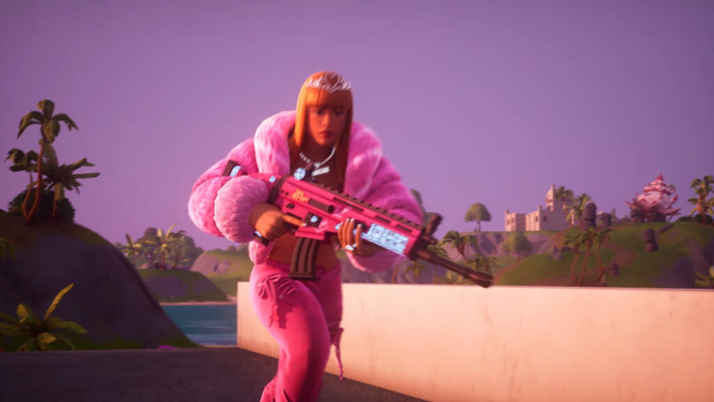 Ice Spice in Fortnite with an Assault Rifle