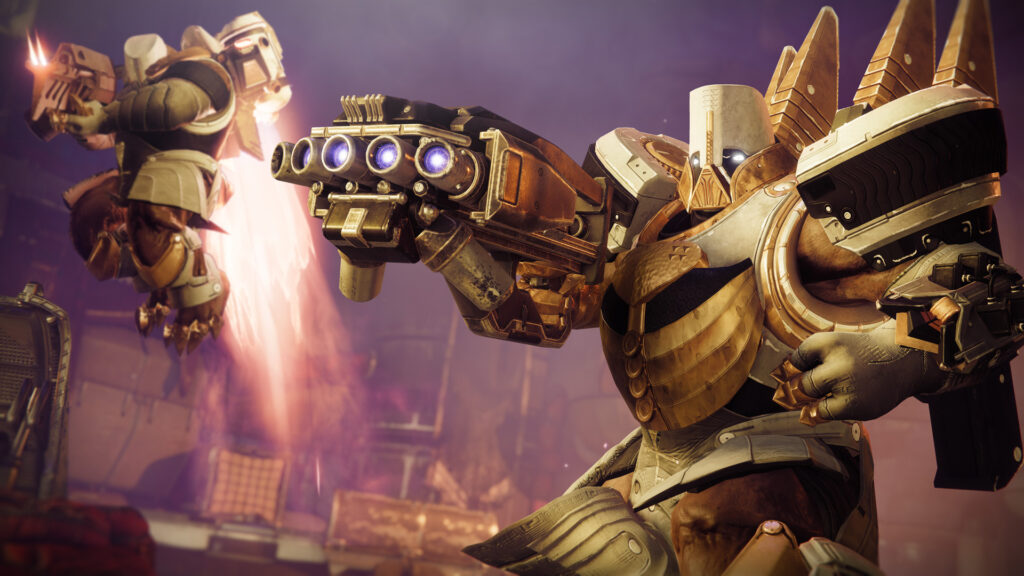 A Cabal Centurion fires at guardians in the Tomb of Elders in Destiny 2.