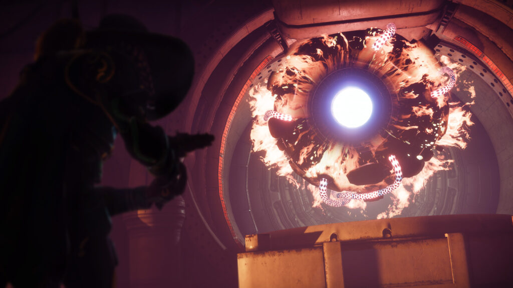 A giant servitor beckons to a guardian in the Tomb of Elders in Destiny 2.