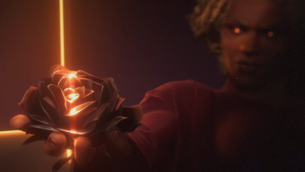 Ambessa holding and looking at the black rose with LeBlanc's yellow eyes