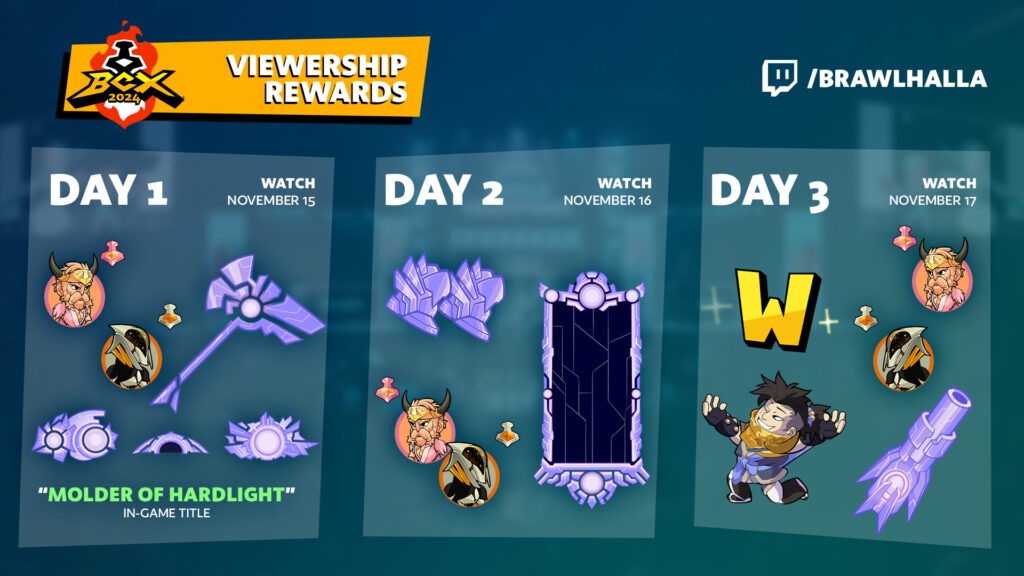 The image shows all free Brawlhalla rewards from the streams of Brawlhalla World Championship 2024