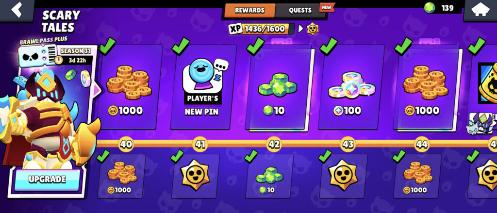 The image shows the Brawl Stars rewards in the game’s Brawl Pass
