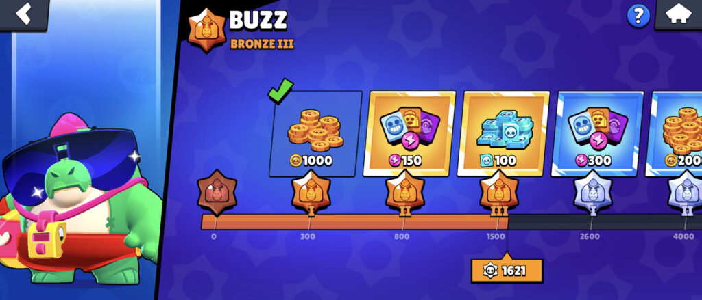 The image shows Brawl Stars rewards for leveling-up one of the game characters, Buzz
