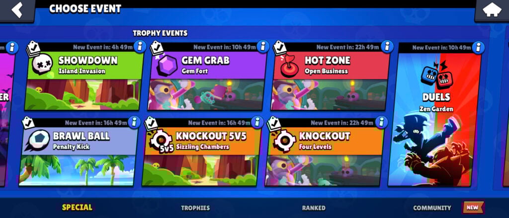 The screenshot shows game modes in the mobile game Brawl Stars