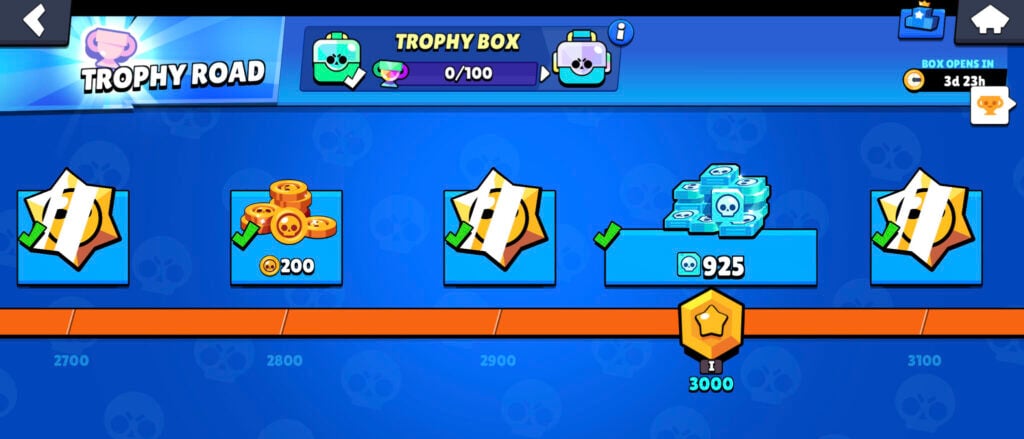 Trophy Road in Brawl Stars — rewards for players for earning Trophies in multiplayer matches with different brawlers (game characters). It’s a Brawl Stars screenshot