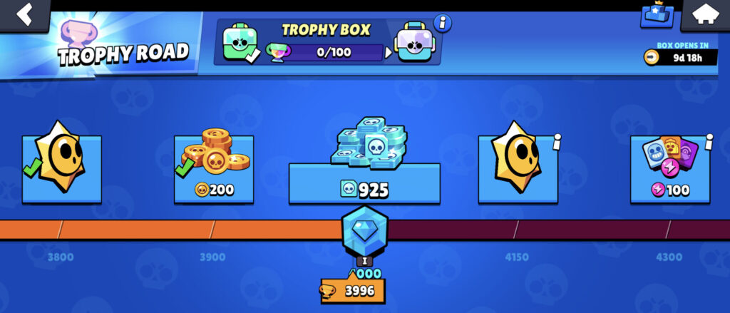The screenshot shows Credits as rewards on Trophy Road of the mobile game Brawl Stars