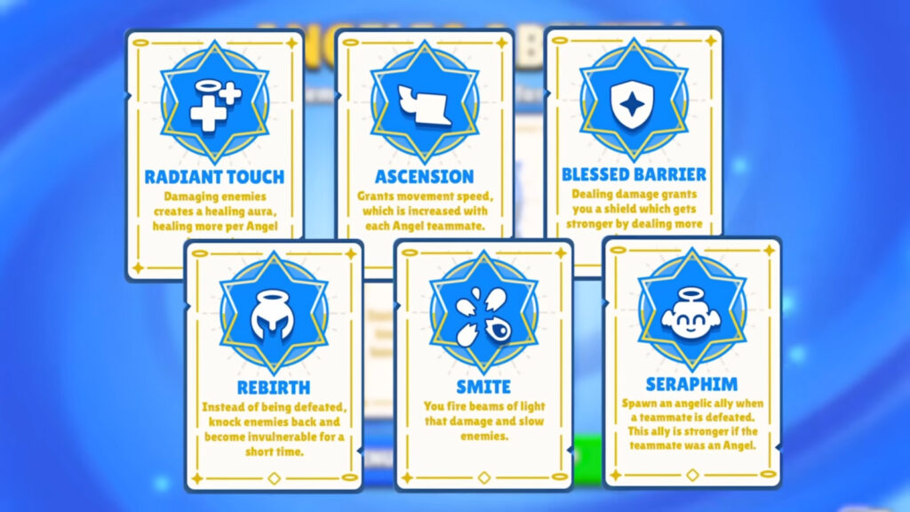 The image shows all the Angelic abilities during the Brawl Stars season Angels vs Demons