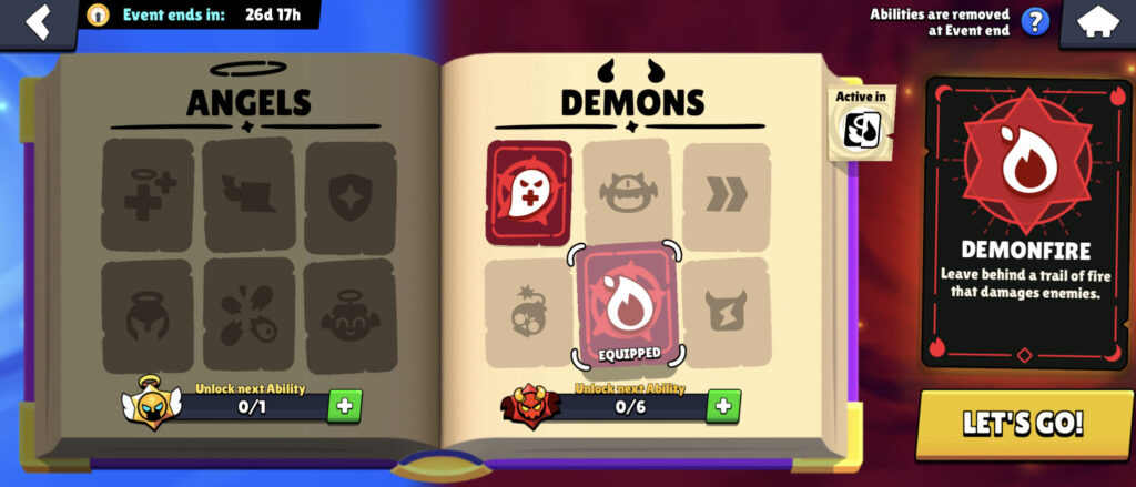 The image is a Brawl Stars screenshot: The book Codex of Doom with the ability Demonfire during the in-game event Angels vs Demons