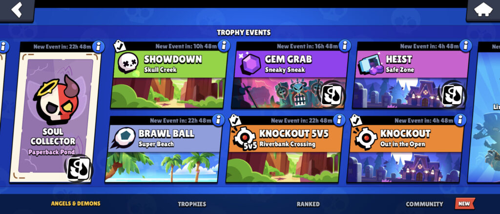 The screenshot shows the Chaos modifier of the Angels vs Demons season for different Brawl Stars game modes