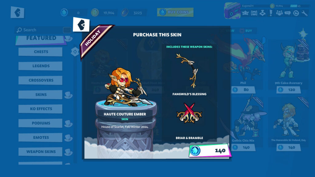 The skin of the Brawlhalla Legend Ember for the games 9th anniversary event: Haute Couture Ember