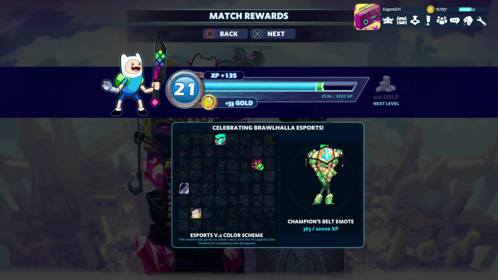 The screenshot shows the notification about winning the Brawlhalla esports color v.2 for Jaeyun during the all-legends color scheme timed event mission