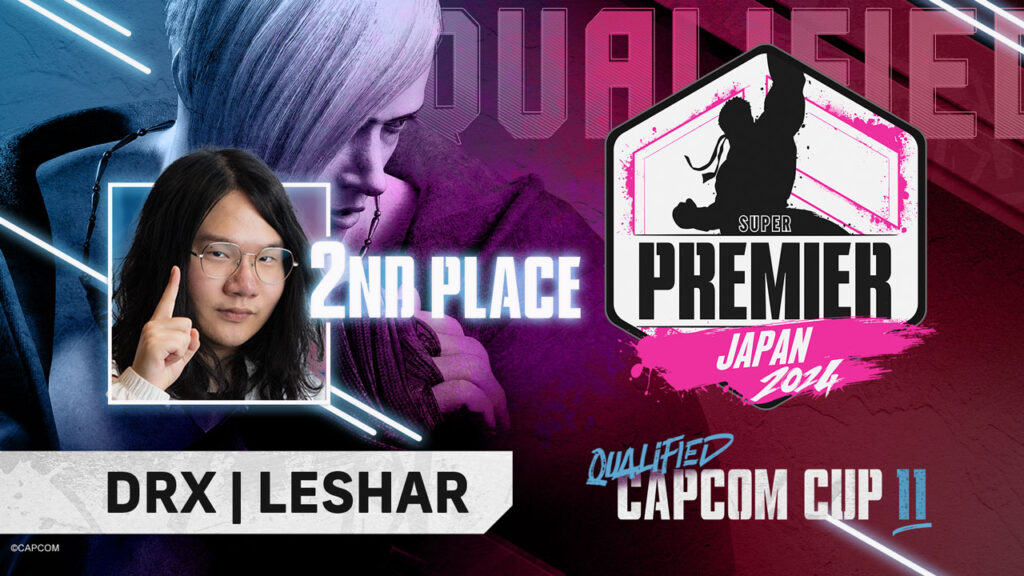 Leshar finished 2nd in the SF6 esports event CPT 2024: Japan Super Premier. He qualifies for the Capcom Cup 11. The image is a poster for this achievement 