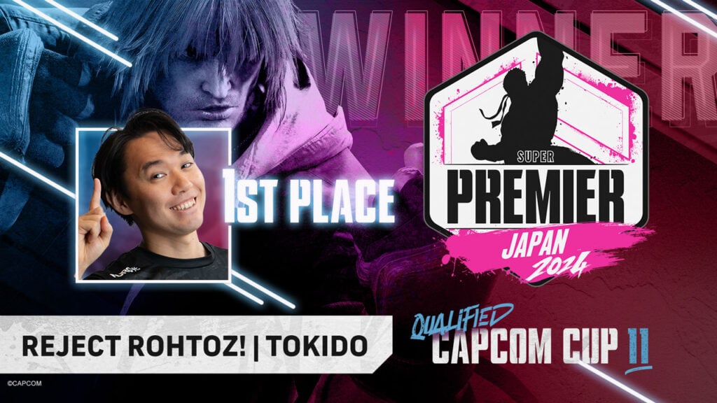 The Japanese fighting games player Tokido wins the Street Fighter 6 esports event CPT 2024: Japan Super Premier and qualifies for the SF6 Capcom Cup 11. The image is a winning poster