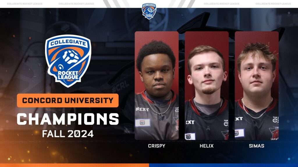 The image shows the winners of the CRL Fall 2024: the Collegiate Rocket League esports team of Concord University