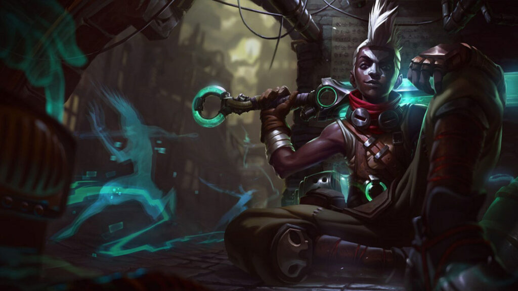 Ekko in League of Legends. He's a black young adult with silver spiked hair and painted face.