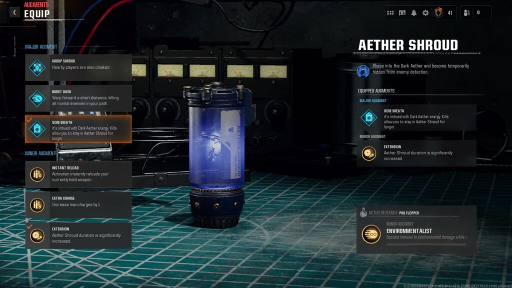 The Aether Shroud has its Augments equipped in Black Ops 6 Zombies.