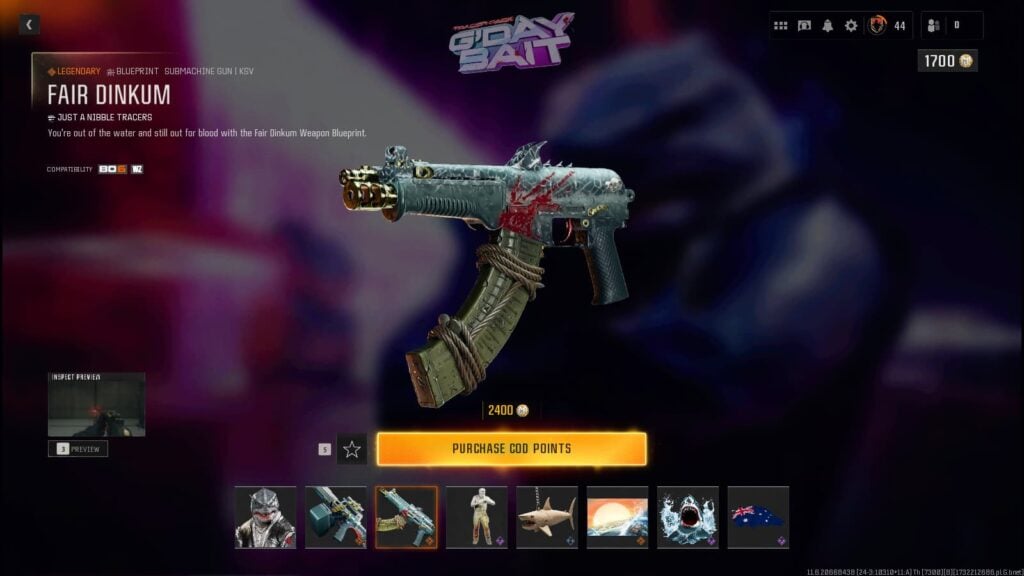 The Fair Dinkum shark skin blueprint for the KSV in Black Ops 6.